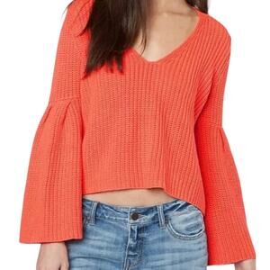 Free People Coral Orange Damsel Cable Knit Bell Sleeves Sweater, Size Medium
